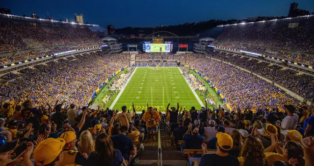 A wide shot of Acrisure Stadium from the stands during the Backyard Brawl at dusk