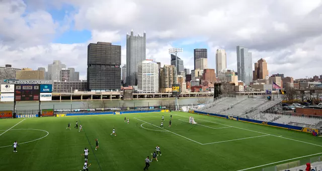 A view of the PIttsburgh Skyline during a PItt lacrosse game at Highmark Stadium