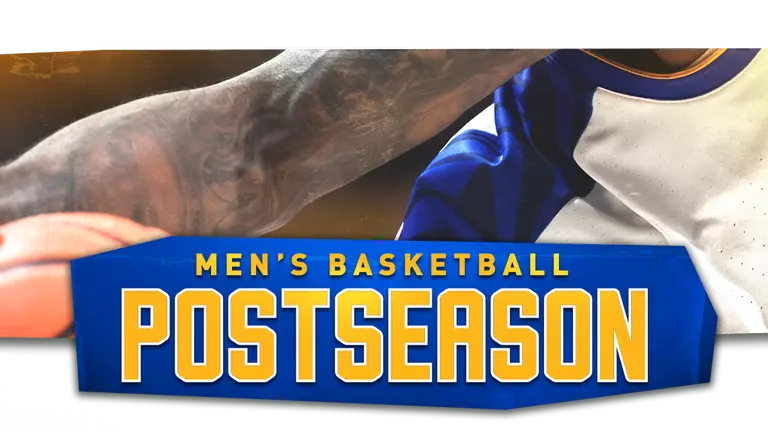 A header graphic witha photo of a player holding a basketball with only their jersey and arm visible with the text "Men's Basketball Postseason"