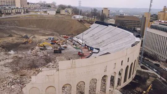 View of the demolition of Pitt Stadium in late 1999. The stadium was home to the Pitt Panthers from 1925 through 1999.
