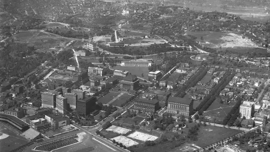 Aerial view of the University of Pittsburgh, including Forbes Field. This Photograph was taken prior to the construction of Pitt Stadium or the Cathedral of Learning.