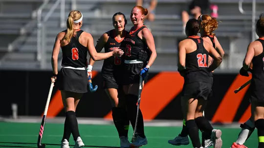 Saylor Milone is congratulated for goal against Saint Joseph's