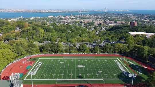 The view from Wagner's stadium, across the bay, with the Verrazanno Bridge visible.