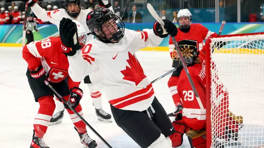 MILAN, ITALY - FEBRUARY 07: Sarah Fillier #10 of Team Canada celebrates a power-play goal in the third period during the Women's Preliminary Round Group A match between Canada and Switzerland on day one of the Milano Cortina 2026 Winter Olympic games at Milano Rho Ice Hockey Arena on February 07, 2026 in Milan, Italy. (Photo by Bruce Bennett/Getty Images)