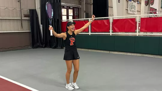 Pearlie Zhang celebrates winning point against Cornell
