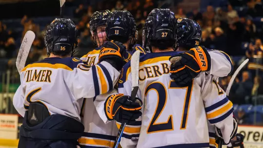 Quinnipiac Celebrates a Goal Against St. Lawrence (Nov. 22, 2025 in Hamden, Conn.)