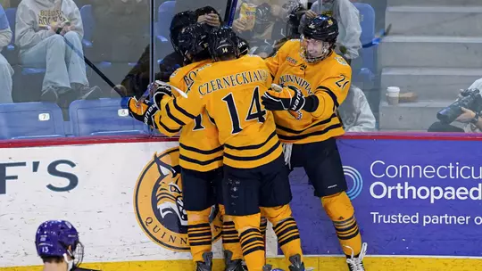 Matthew Lansing and the Bobcats Celebrate a Goal vs. Holy Cross (Nov. 26, 2025 in Hamden, Conn.)