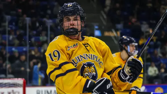 Ethan Wyttenbach Celebrates His Second Goal of the Night Against Harvard (Jan. 2, 2026 in Hamden, Conn.)