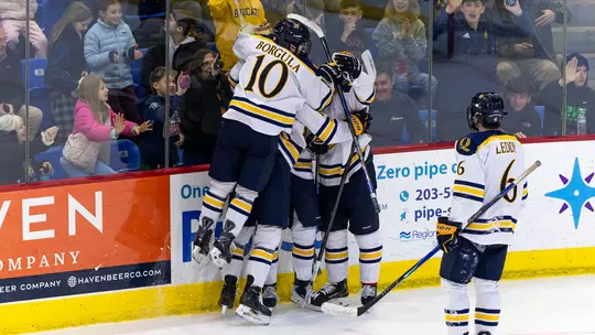 Tyler Borgula Celebrates with the Bobcats After Their Win Over Dartmouth (Jan. 3, 2026 in Hamden, Conn.)