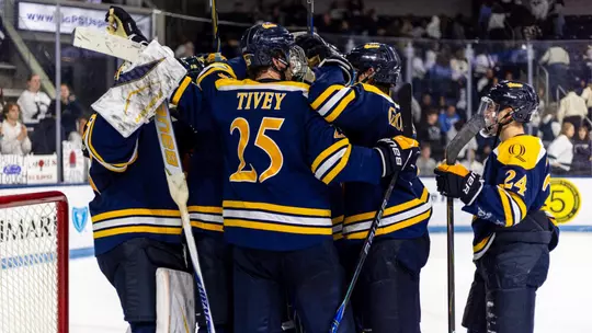 Quinnipiac Celebrates After its Win Over Penn State (Oct. 16, 2026 in University Park, Pa.)