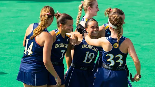 Group celebration after goal against Wagner (Oct. 2, 2026 in Hamden, CT)
