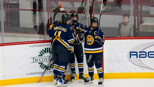 Avery Bairos celebrating with group after goal against RPI (Oct. 24, 2026 in Troy, NY)