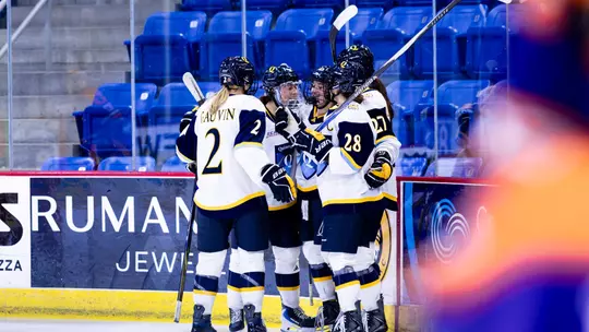 Group celebration after Avery Bairos scored goal against Post (Oct. 6, 2026 in Hamden, CT)