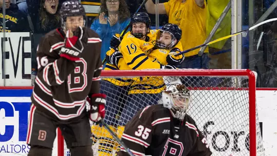 Ethan Wyttenbach and Markus Vidicek Celebrate a Goal Against Brown (Feb. 6, 2026 in Hamden, Conn.)