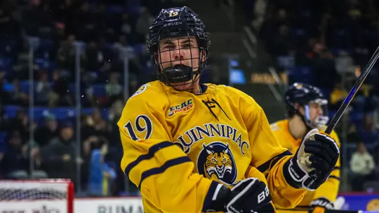 Ethan Wyttenbach Celebrates a Goal vs. Harvard (Jan. 2, 2026 in Hamden, Conn.)