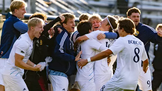 Quinnipiac Celebrates a Game-Winning Goal against Manhattan (Oct. 15, 2025 in Hamden, Conn.)