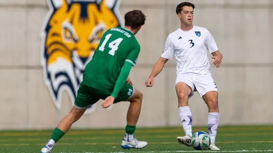 Fynn Ost Plays the Ball Against Manhattan (Oct. 15, 2025 in Hamden, Conn.)