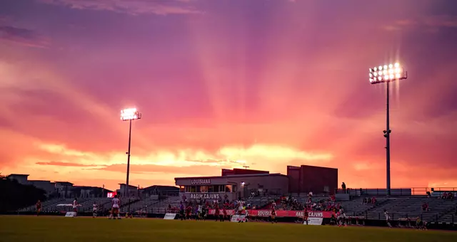 Sunset at Home Bank Track and Soccer stadium. September 7, 2023 Louisiana Women's Soccer vs Alcorn State in Lafayette, LA at Home Bank Track and Soccer Complex. Final Score Louisiana 5 Alcorn State 0. Photo by Benjamin R. Massey/Ragin Cajun Athletics