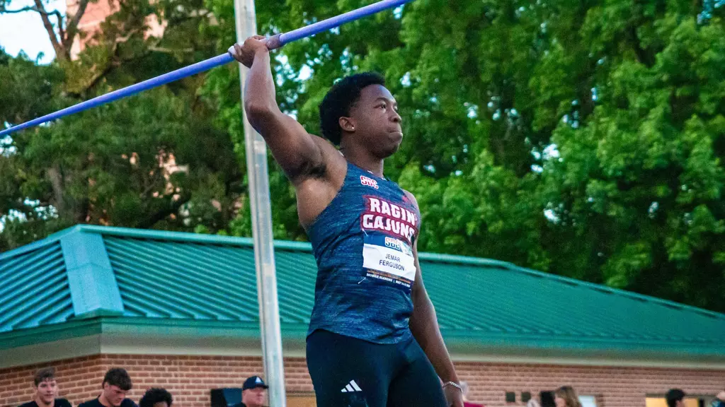 Jemar Ferguson prepares to throw the javelin during the opening day of the 2026 Sun Belt Conference Outdoor Track and Field Championships in Mobile, Ala.