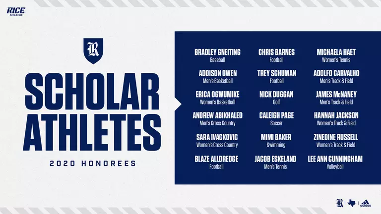 2020 Rice Scholar Athletes and Honor Athletes Announced