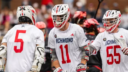 Daniel Picart (happily) screams in the face of teammate Aidan O'Neil during Richmond's Atlantic 10 Championship win over Saint Joseph's on Saturday, May 2