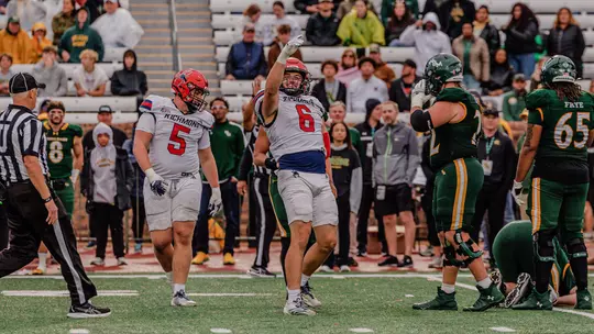 Cam Byrd celebrating a sack during Richmond's 2025 win over William & Mary