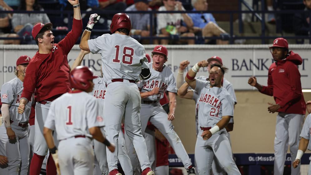 The University of Alabama Baseball Team celebrates against Ole Miss at Oxford-University Stadium at Swayze Field in Oxford, MS on Friday, Apr 26, 2024.
