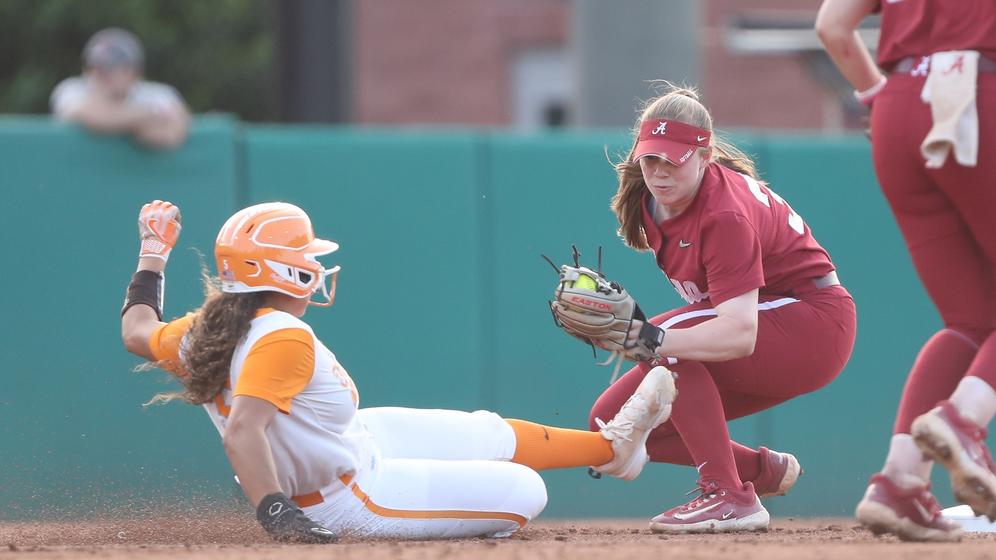 Alabama softball player Kenleigh Cahalan (31) tags out a runner against Tennessee at Rhoads Stadium in Tuscaloosa, AL on Saturday, Apr 27, 2024. 