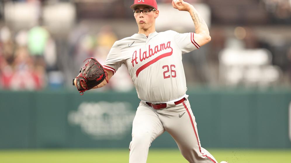 Alabama baseball player Greg Farone (26) pitches against MSU at Dudy Noble Field in Starkville, MS on Friday, May 3, 2024.
