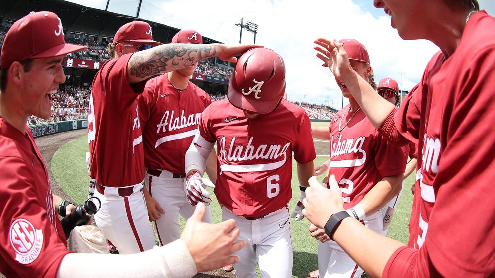 The University of Alabama Baseball Team celebrates after Alabama baseball player Max Grant's (6) homerun against Mississippi State University at Dudy Noble Field in Starkville, MS on Saturday, May 4, 2024.

