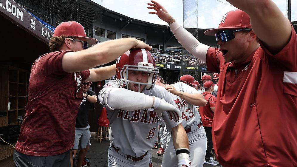 Alabama baseball player Max Grant (6) celebrates with his team against Mississippi State at Dudy Noble Field in Starkville, MS on Sunday, May 5, 2024.
