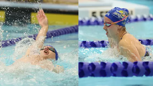 Swim Splice Teaser 1-23-2026 featuring a men's swimming competing in the backstroke and a women's swimmer competing in the breaststroke.