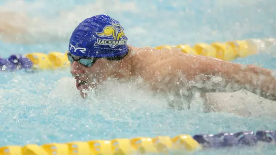 South Dakota State swimmer Cody Vertin swims butterfly during action Oct. 10, 2025, versus Augustana.