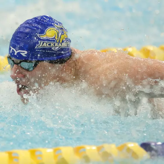 South Dakota State swimmer Cody Vertin swims butterfly during action Oct. 10, 2025, versus Augustana.