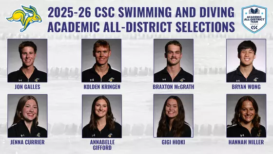 2026 Academic All-District Graphic featuring South Dakota State swimmers and divers. Top row of headshots: Jon Galles, Kolden Kringen, Braxton McGrath and Bryan Wong; bottom row: Jenna Currier, Annabelle Gifford, Gigi Hioki and Hannah Miller.