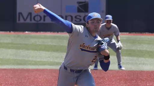 South Dakota State right-handed pitcher Sam Schlecht delivers a pitch against Oral Roberts in opening round action at the 2026 Summit League Baseball Championship.