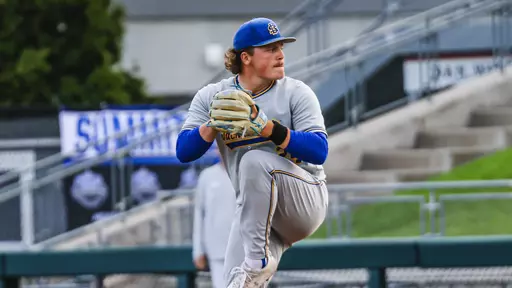 South Dakota State right-handed pitcher Kaden Rylance goes through his windup before delivering a pitch against Northern Colorado in the semifinals of the Summit League Baseball Championship May 21, 2026, at Siebert Field in Minneapolis, Minnesota.