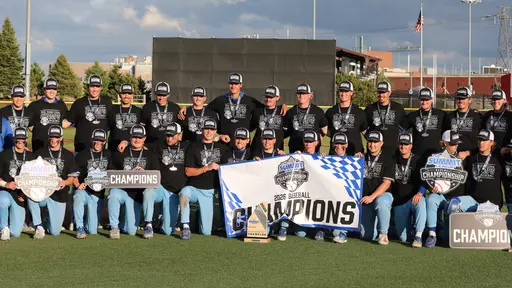 South Dakota State Baseball Team poses for a team photo after winning the 2026 Summit League Baseball Championship.