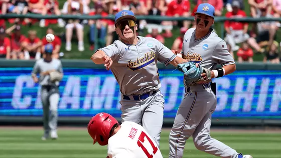 South Dakota State shortstop Keagen Jirschele throws to first base to complete a 6-3 double play against Nebraska in NCAA Regional action May 29, 2026, at Hawks Field in Lincoln, Nebraska.