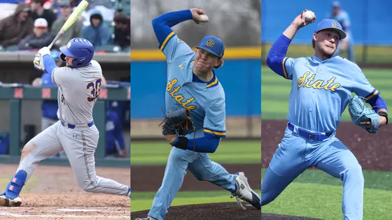2026 Baseball Academic All-District Teaser featuring action photos of South Dakota State student-athletes (left to right) Dayton Franke, Ty Madison and Sam Novotny