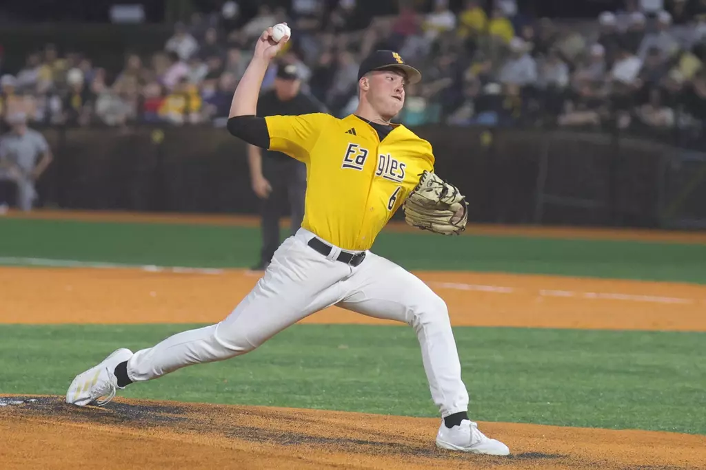 Southern Miss. pitcher Colby Allen (6) throws a pitch in a game between the Southern Miss Golden Eagles and Old Dominion in the NCAA baseball game. March 15, 2025 (Joe Harper/bgnphoto.com)