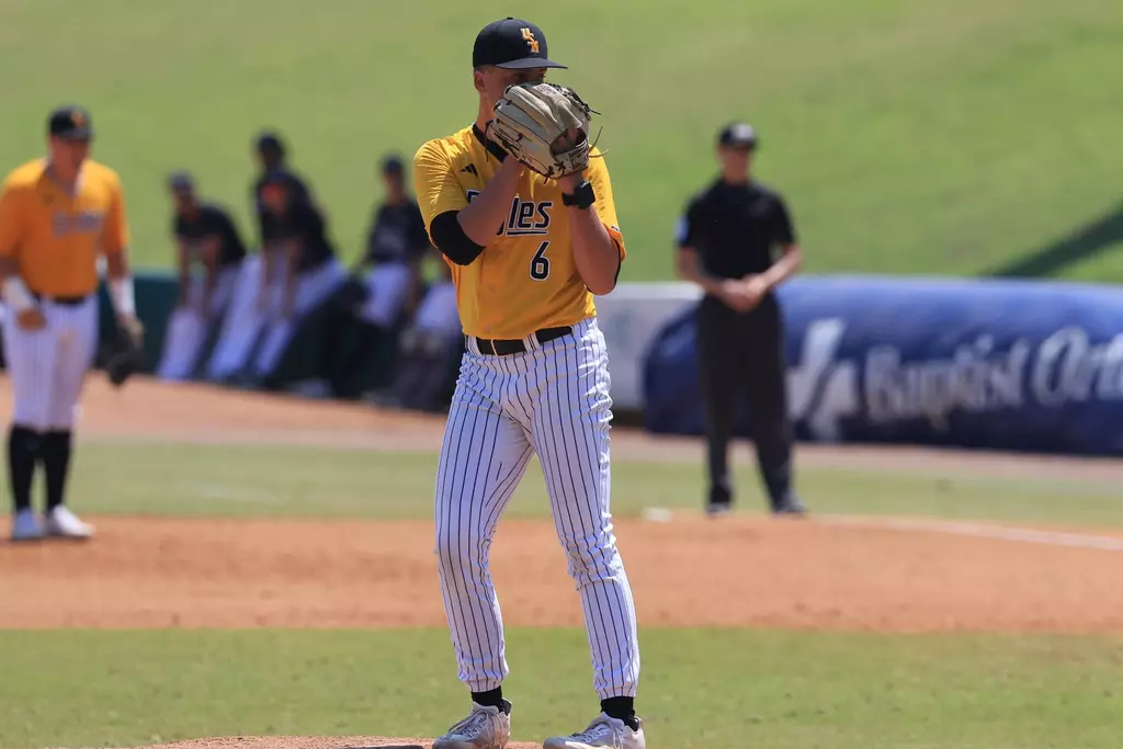 Southern Miss. pitcher Colby Allen (6) stares down the batter in a Sun Belt tournament game between the Southern Miss Golden Eagles and Troy in the NCAA baseball game. May 24, 2025 (Joe Harper/bgnphoto.com)