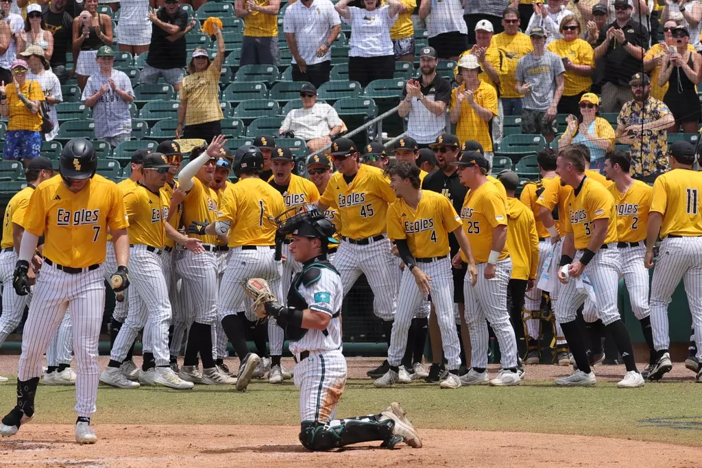 Southern Miss. outfielder Joey Urban (1) celebrates with his team after the home run in a Sun Belt Tournament Championship game between the Southern Miss Golden Eagles and Coastal Carolina in the NCAA baseball game. May 25, 2025 (Joe Harper/bgnphoto.com)