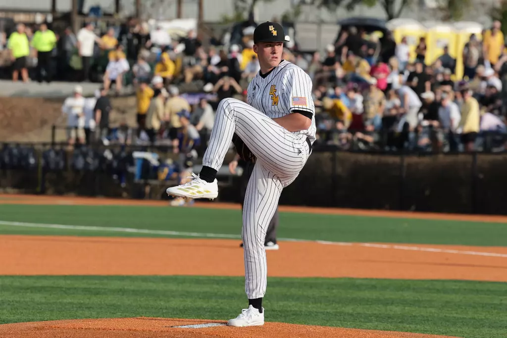 Southern Mississippi Golden Eagles pitcher Colby Allen (6) throws a pitch in a game between Southern Miss and UC Santa Barbara in a NCAA baseball game. February 13, 2026 (Joe Harper/bgnphoto.com)