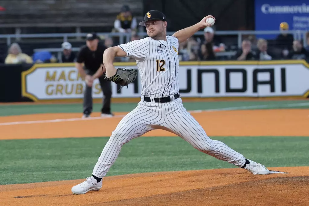Southern Mississippi Golden Eagles pitcher Kros Sivley (12) throws a pitch in a game between Southern Miss and UC Santa Barbara in a NCAA baseball game. February 13, 2026 (Joe Harper/bgnphoto.com)