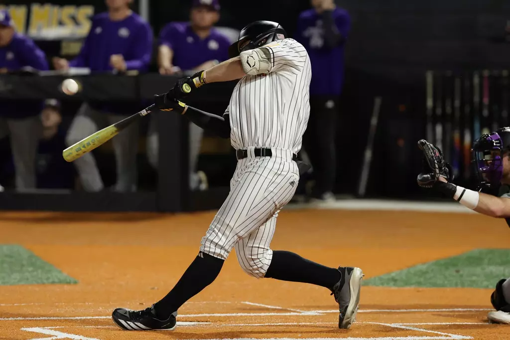 Southern Mississippi Golden Eagles outfielder Joey Urban (1) puts the ball in play in a game between Southern Miss and North Alabama in a NCAA Baseball game. March 06, 2026 (Joe Harper/bgnphoto.com)