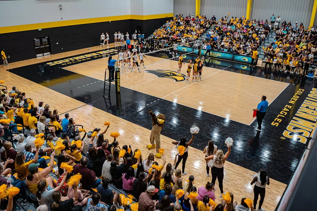 Overhead shot of Southern Miss Wellness Center against Mississippi State