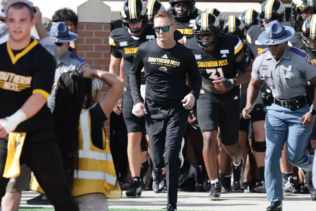 Southern Mississippi Golden Eagles head coach Blake Anderson leads out the team in a NCAA game between Southern Miss Golden Eagles and Alcorn State Braves at Carlisle-Faulkner Field at Renasant Stadium. September 5, 2026 (Joe Harper/bgnphoto.com)