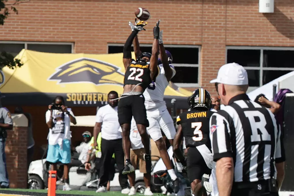 Southern Mississippi Golden Eagles defensive back Kobi Albert (22) intercepts the pass in a NCAA game between Southern Miss Golden Eagles and Alcorn State Braves at Carlisle-Faulkner Field at Renasant Stadium. September 5, 2026 (Joe Harper/bgnphoto.com)