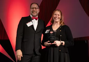 President Tomso (L) and Abby Rittenhouse (R) 10-2-26 #OurSCSU Gala Graduate of the Last Decade (GOLD) Award